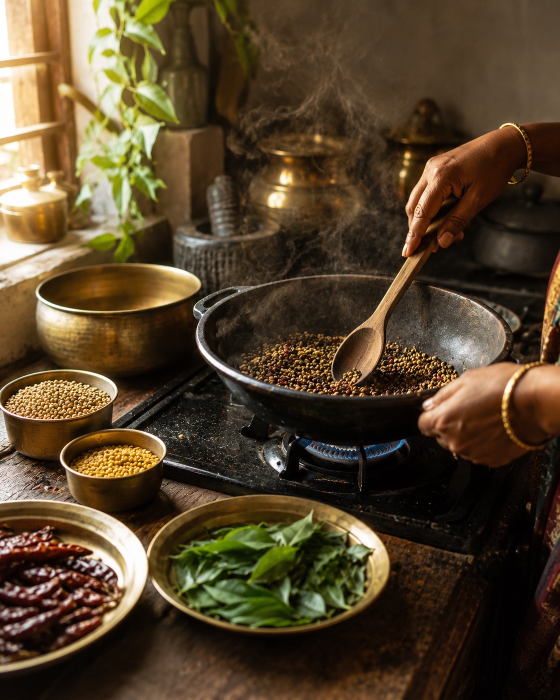 Hand-roasting whole spices in a kadhai in the family home kitchen